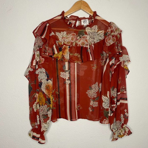 DRA Hazel Red Floral Ruffle Blouse XS - Picture 2 of 6